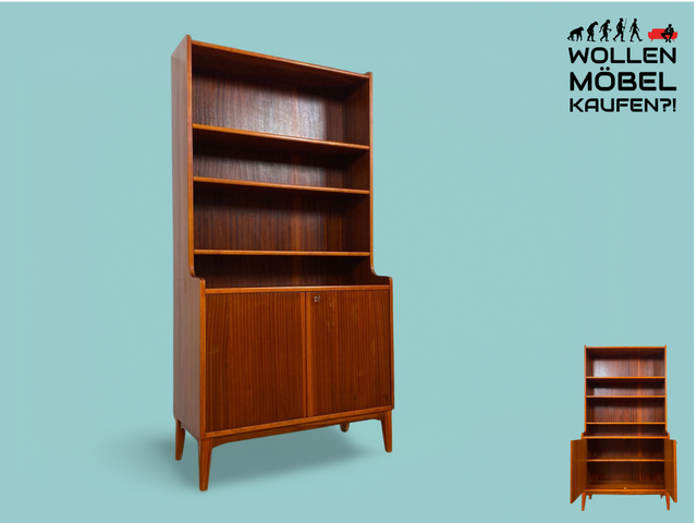 WMK Stilvoller und gut erhaltener skandinavischer Mid-Century Bücherschrank aus vollem Holz mit verstellbaren Regalböden # Bücherregal Regal Highboard Kommode Geschirrschrank Sideboard Vintage 60er