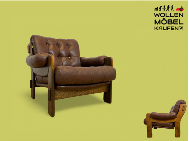 WMK Hochwertiger, äußerst gemütlicher und gut erhaltener skandinavischer Loungesessel mit Eichenholz Rahmen und gestepptem Echtleder Bezug # Sessel Ledersessel Lesesessel Chesterfield 70er Vintage