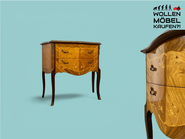WMK Vornehme & sehr gut erhaltene dänische Stilmöbel Kommode aus vollem Holz mit Schubladen , feinen Intarsien & edlen Messinggriffen # Schränkchen Schubladenkommode Flurkommode Rokoko Barock Vintage