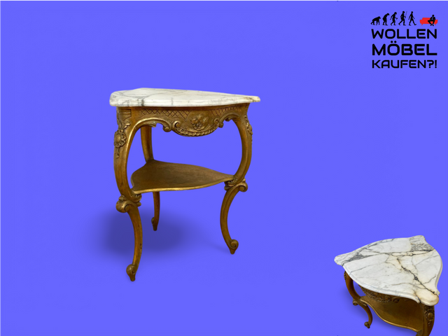WMK Eleganter antiker Bestelltisch in seltener Dreieckform mit Marmor Auflage und goldfarbenem Tischgestell aus Holz # Salontisch Ablage Flurkommode Dreiecktisch Tisch Neobarock Rokoko Barock Vintage