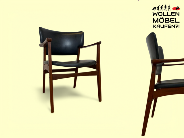 WMK Stilvoller skandinavischer Mid-Century Armlehnenstuhl in gutem Zustand mit schwarzem Kunstlederbezug und Teakholz Rahmen # Schreibtischstuhl Stuhl Sessel Bürostuhl Lederstuhl 60er Vintage Teak