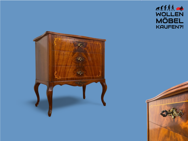 WMK Elegante und sehr gut erhaltene schwedische Stilmöbel Kommode aus vollem Holz mit Schubladen , Intarsien und Messingbeschlägen # Schubladenkommode Wäschekommode Flurkommode Vintage barock Rokoko