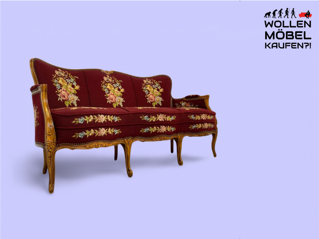 WMK Wunderschönes & gut erhaltenes 60er Jahre Sofa im Stile des Barock mit hochwertigem Gobelin Bezug & bequemen Federkernsitz # Couch Liege Chaiselongue Loveseat Chippendale Rokoko Stilmöbel Vintage