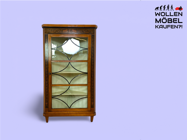 WMK Vornehme & gut erhaltene antike Eckvitrine , um 1900, Meinzer Biedermeier Stil in Kirschholz & Birnbaum mit Sprossenfenstern & Intarsien # Bücherschrank Büchervitrine Eckschrank Vitrine Vintage