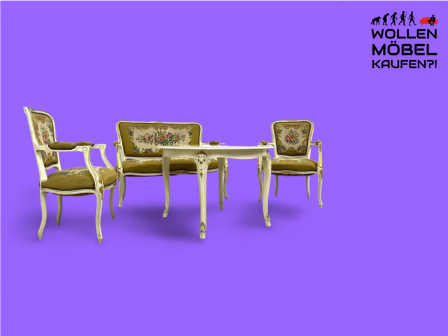 WMK Gorgeous romantic ivory white 60s living room set (sofa, 2 armchairs, coffee table) in Venetian style with tapestry - sofa couch armchair seating set coffee table rococo baroque vintage