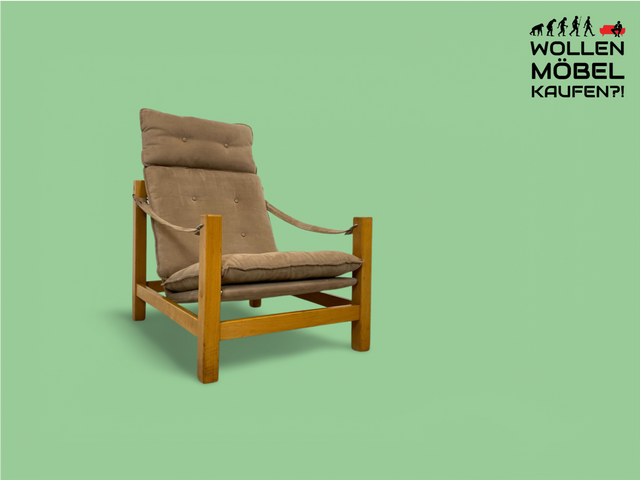 WMK Stilvoller, gemütlicher & gut erhaltener Vintage Sessel im Safari Stil mit hochwertigem Stoffbezug # Lesesessel Relaxsessel Fernsehsessel Sitzgarnitur Mid-Century Skandinavisches Design Retro