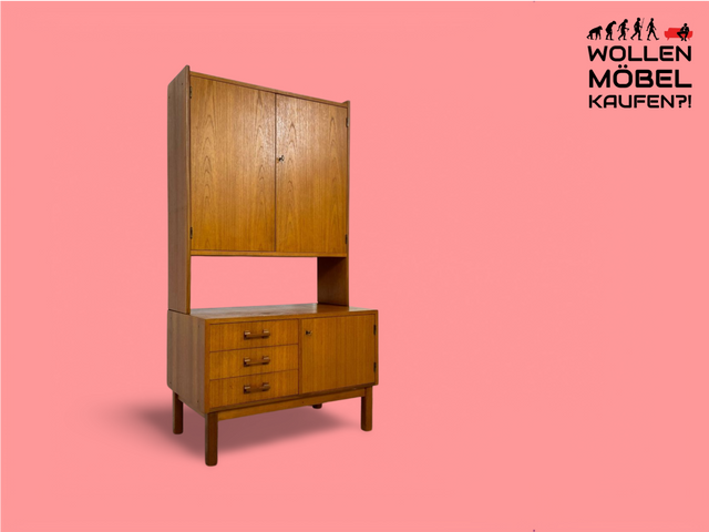 WMK Minimalistisches skandinavisches Highboard mit Schubalden und sehr hübschen Holzgriffen im Teakholz # Schrank Wäscheschrank Bücherschrank Sideboard Kommode Teak Danish Design Vintage Mid-Century