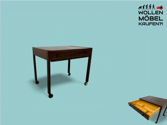 WMK Minimalistische & sehr gut erhaltene skandinavische Nähkommode auf Rollen, in Palisander mit Schublade # Nähschränkchen Kommode Beistelltisch Schmuckkasten Ablage Danish Design Mid-Century Vintage