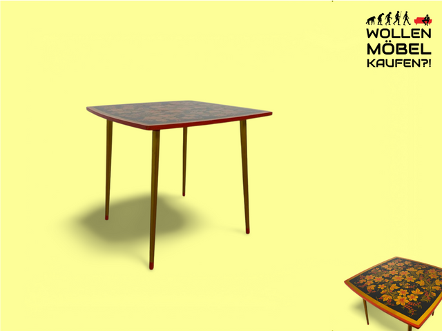 WMK Freundlicher und gut erhaltener Mid-Century Couchtisch mit im Chochloma Stil handbemalter Oberfläche & konischen Füßen # Wohnzimmertisch Coffee Table Beistelltisch Nierentisch Vintage 50er 60er