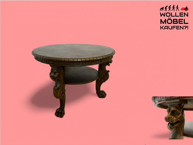 WMK Besonders schöner und sehr gut erhaltener runder antiker Salontisch aus vollem Holz mit handgeschnitzten Löwenköpfen und Löwentatzen # Couchtisch Wohnzimmertisch Coffee Table Gründerzeit Vintage