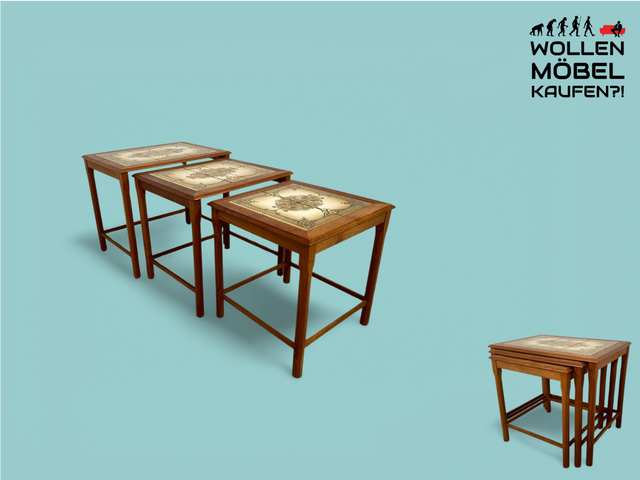 WMK Stilvoller und gut erhaltener skandinavischer 3-in-1 Satztisch aus Teakholz mit kunstvollen Fliesen # Couchtisch Wohnzimmertisch Fliesentisch Beistelltisch Danish Design Mid-Century Teak Vintage