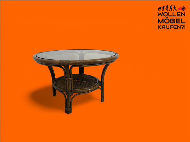 WMK Kultiger runder italienischer Mid-Century Couchtisch in gutem Zustand mit Bambusgestell , intakter Glasplatte & Ablage # Wohnzimmertisch Glastisch Beistelltisch Coffee Table Vintage Retro Bambus