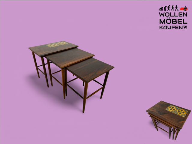 WMK Stilvoller und sehr gut erhaltener skandinavischer 3-in-1 Satztisch aus edlem Palisander mit kunstvollen Fliesen # Beistelltisch Couchtisch Coffee table Vintage Danish Design Mid-Century Rosewood
