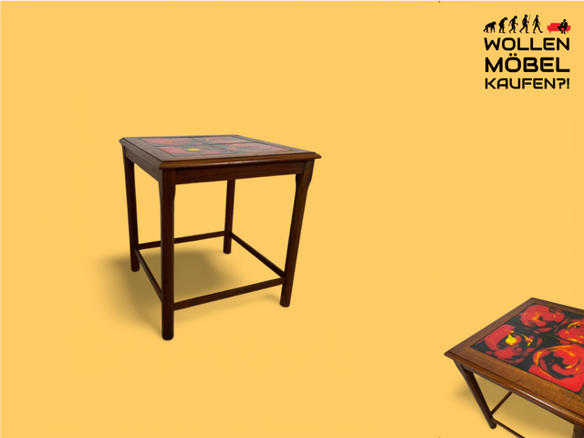 WMK Ein Unikat! Gut erhaltener skandinavischer Couchtisch aus Teakholz, kunstvoll befliest # Tisch Beistelltisch Kacheltisch Coffee Table Blumentisch Vintage Danish Design Mid-Century 70er