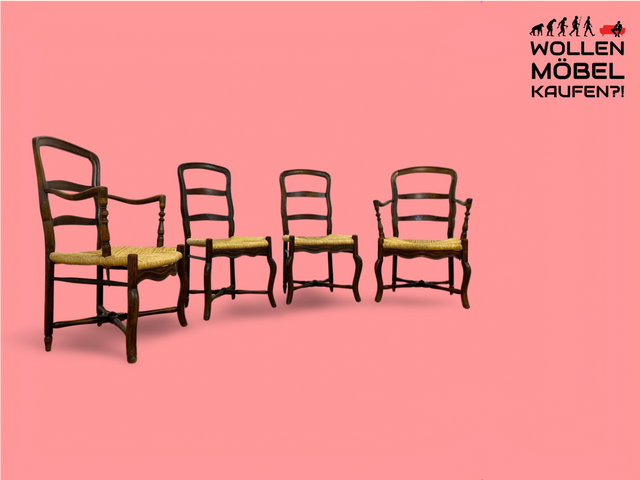 WMK Set aus 4 eleganten und bequemen antiken Esszimmerstühlen aus vollem Holz mit Binsengeflecht und Leiterrückenlehnen # Stühle Holzstühle Küchenstühle Provenzalische Armlehnenstühle Rattan Vintage