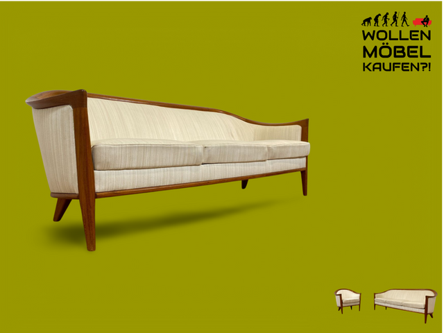 WMK Sehr elegantes und gut erhaltenes skandinavisches Mid-Century Sofa mit edlem Holzrahmen aus Teak und weißem Originalbezug # Couch 3-Sitzer 3er Sitzgarnitur 50er 60er Danish Design Vintage Teakholz