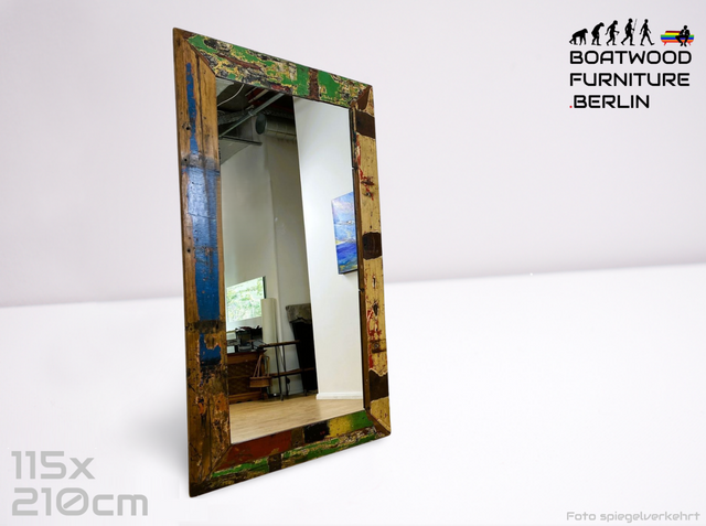 Boatwood by WMK # Riesiger 115x220cm großer Spiegel aus altem Bootsholz, ein handgefertigtes Unikat in Originalfarben # bunter Wandspiegel Flurspiegel Standspiegel Mirror Treibholz Bootsmöbel XXL
