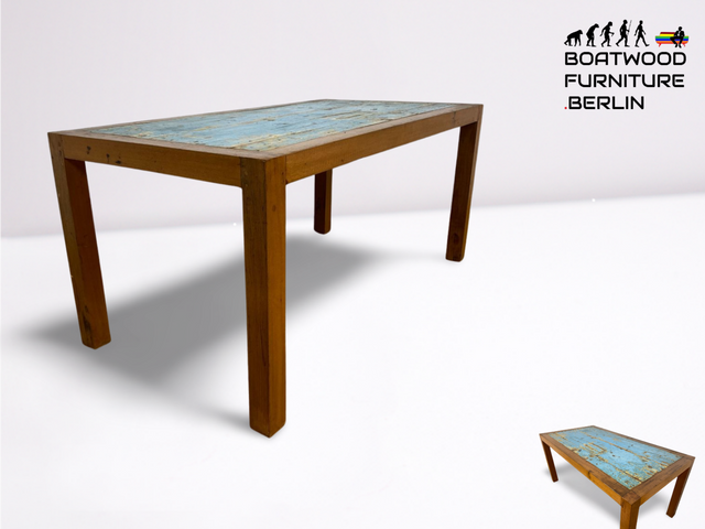 Boatwood by WMK # Einzigartiger 170x88cm großer Esstisch aus altem Bootsholz, ein handgefertigtes Unikat aus massivem Teakholz # blauer Tisch Esszimmertisch Holztisch Küchentisch Gastro Dining Table
