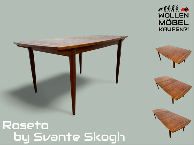 WMK # Stilvoller und 2-fach ausziehbarer skandinavischer Mid-Century Designertisch Roseto by Svante Skogh for Abra, in Teakholz # Tisch Esstisch Dining Table Holztisch Danish Design Vintage Teak 60er