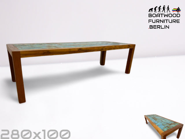 Boatwood by WMK I Imposanter 280x100cm großer Esstisch aus altem Bootsholz I handgefertigtes Unikat I Teakholz massiv I Tisch Tafel Esszimmer Küchen Garten Holz Dining Table Patchwork Berlin Kiel Sylt