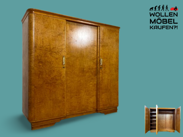 WMK I Formschöner und perfekt aufgeteilter 30er Jahre Art Deco Kleiderschrank aus vollem Holz mit edlen Originalgriffen I Schrank Wardrobe Wäsche Schlafzimmer Vintage Antik Regensburg Hildesheim NRW