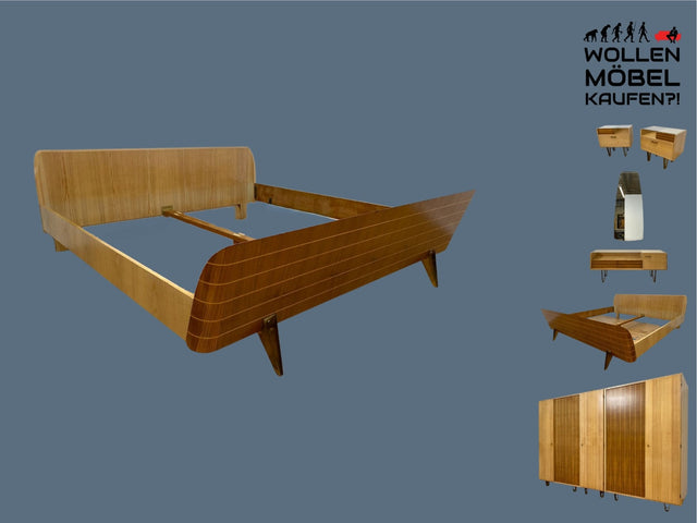 WMK # Besonders schönes & sehr gut erhaltenes 50er Jahre Doppelbett für Matratze 200x200 auf formschönen Metallfüßen # Bett Schlafzimmerbett Bed Schlafzimmer Rockabilly Mid-Century 60er Design Vintage