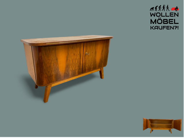 WMK # Formschöne 50er Jahre Kommode aus vollem Holz in edlem Nussbaum mit konischen Füßen # Sideboard TV-Lowboard TV-Bank Fernsehkommode Wäschekommode Anrichte Rockabilly Vintage Mid-Century 60er