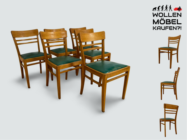 WMK I 1/3 Klassischer 50er Jahre Küchenstuhl aus hellem Buchenholz mit grünem Kunstlederbezug I Stuhl Holzstuhl Schulstuhl Esszimmerstuhl Mid-Century Vintage 60er Berlin Köln Hamburg I Versand möglich