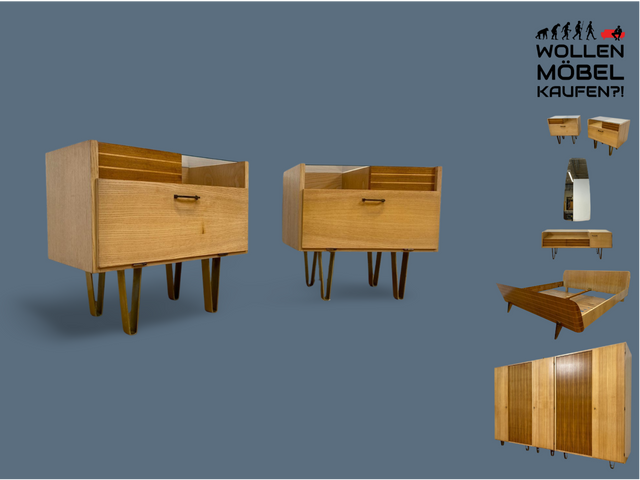 WMK # 1/2 Sehr schöner und gut erhaltener 50er Jahre Nachttisch mit Schubladen und Metallfüßen # Nachtschank Nachtkommode Kommode Nightstand Schlafzimmer Rockabilly Mid-Century 60er Design Vintage