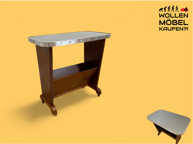 WMK # Formschöner 50er Jahre Zeitungstisch auf Rollen mit pflegeleichter Resopal Oberfläche # Beistelltisch Servierwagen Zeitungshalter Zeitungsständer Zeitschriftenständer Ablage Vintage Mid-Century
