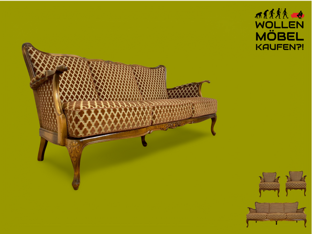 WMK Elegantes und sehr gut erhaltenes 60er Jahre Chippendale Sofa mit wunderbarem Brokat Bezug in Altrosa, feinem Geflecht und Federkern # Couch 3-Sitzer Daybed Sitzgarnitur Mid-Century Vintage