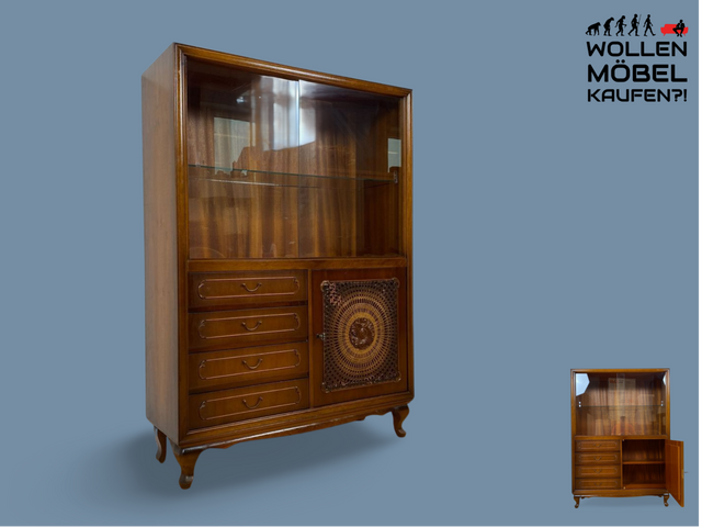 WMK # Elegante und hochwertige 60er Jahre Chippendale Vitrine aus vollem Holz mit feinem Wiener Sonnengeflecht & Schubladen # Schrank Highboard Geschirrschrank Kommode Mid-Century Boho Barock Vintage