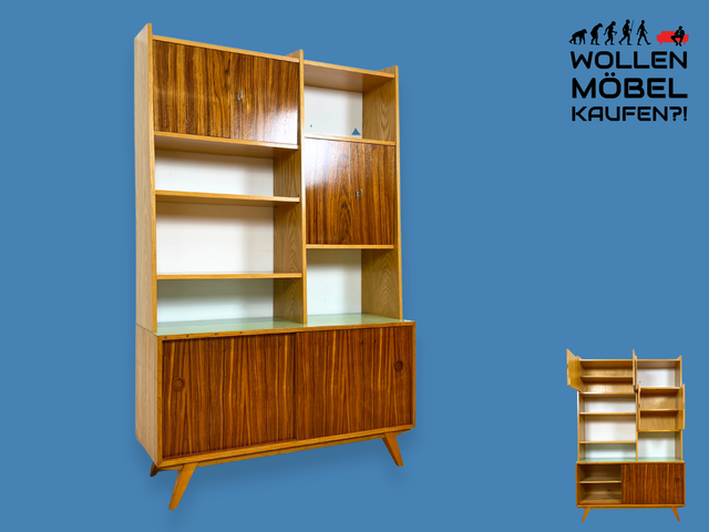WMK I Formschönes 60er Jahre Highboard mit Regalen und Schiebetüren I Bücherschrank Bücherregal Wohnzimmerschrank Sideboard Kommode Regal Schrank Vintage Mid-Century 50er I Berlin Leipzig Bayern NRW