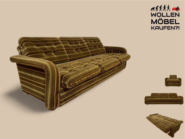 WMK I Formschönes 1970er Space Age Sofa mit Schlaffunktion, Bettwäschefach & gestreiftem Originalbezug I Sofa Couch Schlafsofa 3-Sitzer Ausziehsofa Klappcouch Daybed Retro Vintage Berlin Kiel Dresden