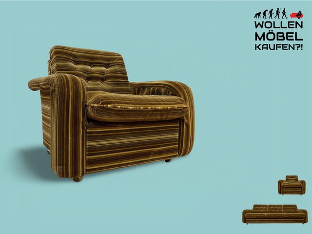 WMK I Formschöner & gemütlicher 70er Jahre Space Age Sessel mit grün-braun gestreiftem Originalbezug I Armchair Clubsessel Loungesessel Lesesessel Sitzgarnitur Retro Vintage Berlin Hannover Stuttgart