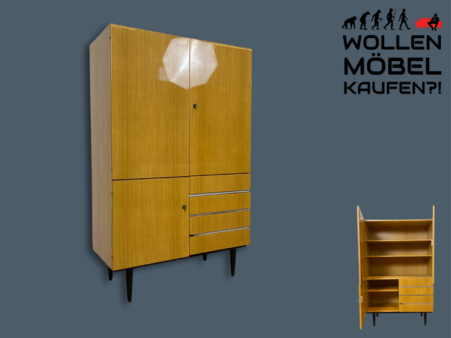 WMK I Raumaufhellender, gut erhaltener 70er Jahre Schrank in Hochglanz mit Schubladen & konischen Füßen I Highboard Wäscheschrank Kommode Sideboard Retro Mid-Century DDR 60er Berlin Leipzig Stuttgart