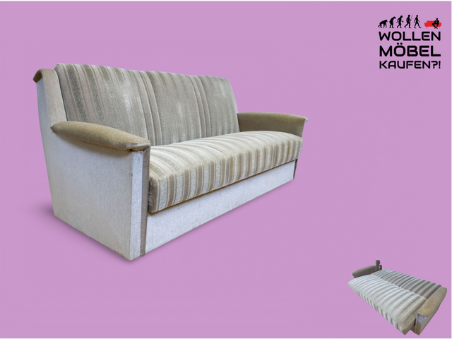 WMK # Gemütliches und gut erhaltenes 70er Jahre Sofa mit Schlaffunktion, Bettwäschefach, bequemen Federkern und grau beigem Originalbezug # Couch Schlafsofa Schlafcouch Klappcouch Retro Vintage Berlin