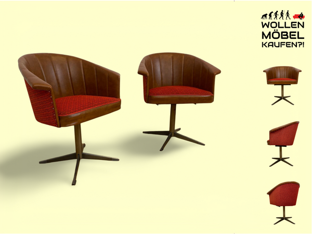 WMK # 1/2 Kultiger & gut erhaltener 70er Jahre Space Age Drehsessel mit Originalbezug und Kunstleder Umrahmung # Sessel Armchair Stuhl Clubsessel Schalensessel Cocktailsessel Lesesessel Vintage Retro