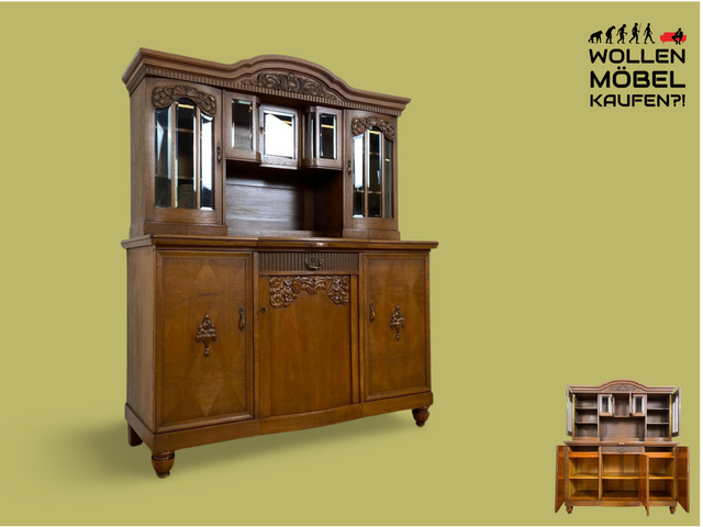 WMK # Imposante & sehr gut erhaltene antike Anrichte aus vollem Holz mit Messingbeschlägen und Holzapplikationen # Küchenanrichte Kredenz Buffet Büfett Geschirrschrank Vitrine Küche Jugendstil Vintage