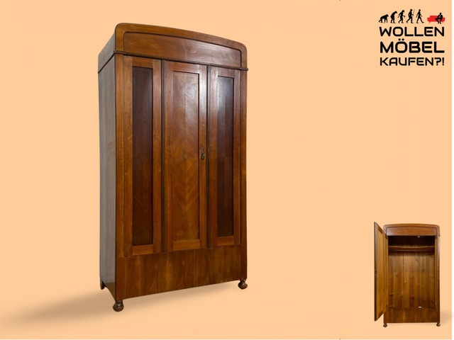 WMK # Formschöner antiker Kleiderschrank aus vollem Holz in Nußbaum, um 1910 # Schrank Vertiko Schlafzimmerschrank Flurschrank Dielenschrank Bauernschrank Wardrobe Spiegel Jugendstil Art Deco Vintage