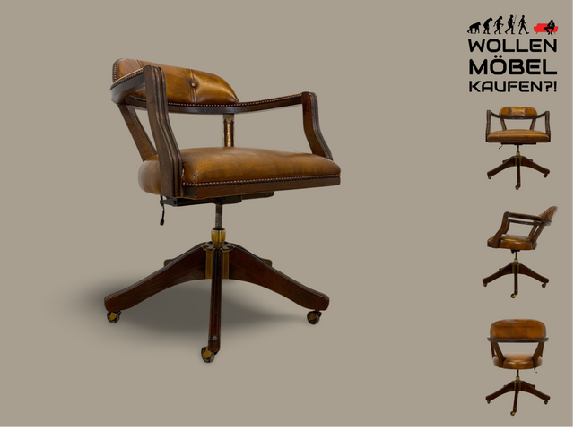 WMK I Stilvoller und sehr rarer Art Deco Schreibtischstuhl mit cognacbraunem Leder, neig- und höhenverstellbar I Drehstuhl Drehsessel Sessel Chefsessel Stuhl Office Chair Antik Vintage 20er 30er Leder