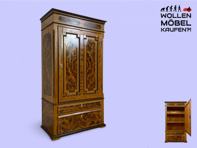 WMK I Wunderschöner Biedermeier Wäscheschrank aus vollem Holz in Nussbaum mit Schubladen, um 1850 I Schrank Kleiderschrank Highboard Cabinet Wardrobe Vertiko Armoire Historismus Antik Vintage Berlin