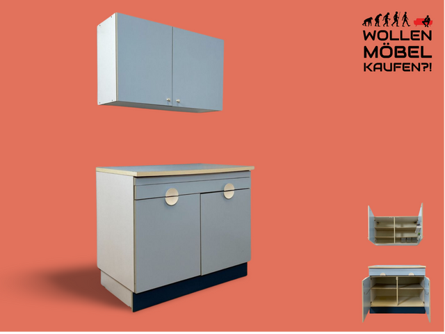 WMK # Kultige blaue Space Age Küchenzeile aus 1976 m. Hängeschrank, ausziehbarer Platte & Schütten # Küchenbüfett kleine Küche Küchenschrank Küchenhängeschrank Küchenanrichte Kredenz Retro Vintage DDR
