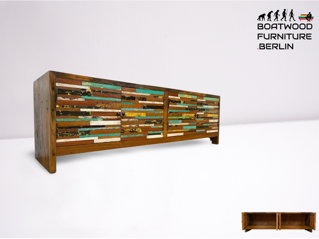 Boatwood by WMK # Detailreiches langes Sideboard aus altem Bootsholz, ein handgefertigtes Unikat aus massivem Teakholz # Kommode Lowboard TV-Lowboard TV-Board TV-Bank Flurkommode Anrichte Bootsmöbel