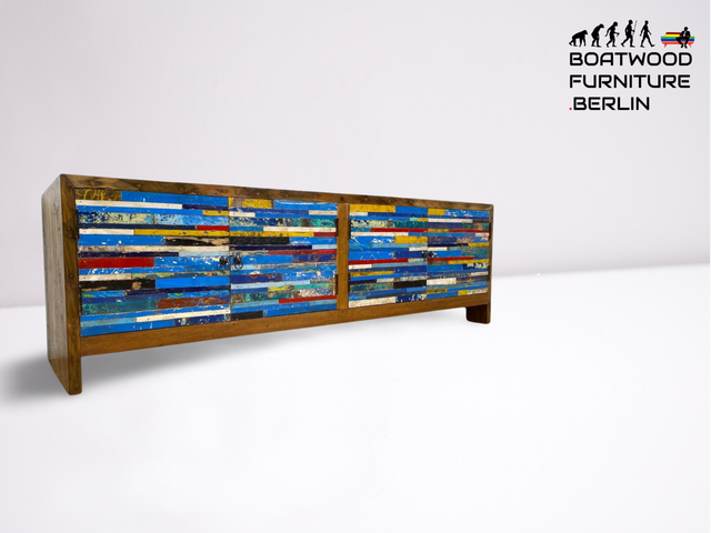 Boatwood by WMK # Besonders schönes 200cm langes Sideboard aus altem Bootsholz, ein handgefertigtes Unikat aus massivem Teakholz # Kommode Lowboard TV Bank Board Anrichte Bootsmöbel Rostock Kiel Slyt