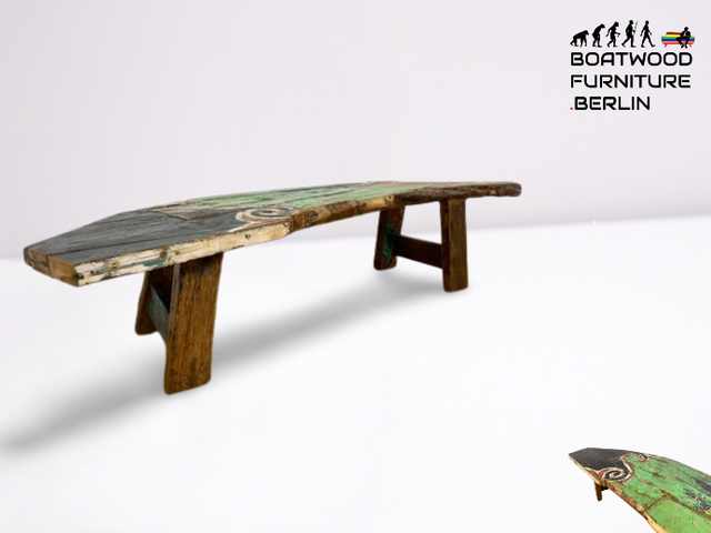 Boatwood by WMK I Robuste Bank aus altem Bootsholz I handgefertigtes Unikat mit Originalfarben I Teakholz massiv in Originalfarbe I Holzbank Bench Küchenbank Sitz Balkon Garten Möbel Treibholz Loft