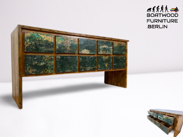 Boatwood by WMK I Einzigartige Anrichte aus altem Bootsholz in Originalfarben I handgefertigtes Unikat I Teakholz massiv I mit Schubladen I Schrank Kommode Sideboard Küchen Wäsche Apotheker Bootsmöbel