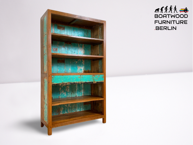 Boatwood by WMK I Wunderschönes Bücherregal mit Schubladen I Handmade Unikat aus altem Bootsholz I Teakholz massiv I Holzregal Regal Küchenregal Bücherschrank Raumtrenner Bootsmöbel Berlin Jena Usedom