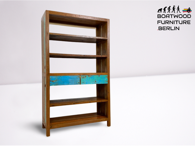 Boatwood by WMK # Nachhaltiges Bücherregal mit Schubladen , ein aus altem Bootsholz handgefertigtes Unikat aus massivem Teakholz # Regal Bücherschrank Highboard Holzregal Küchenregal Raumtrenner Teak