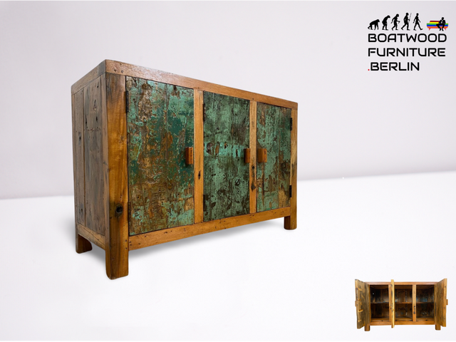 Boatwood by WMK # Wunderschönes Sideboard in Grün , ein aus altem Bootsholz handgefertigtes Unikat aus massivem Teakholz # Kommode Schrank Anrichte Flurkommode Wäschekommode Bootsmöbel Schuhschrank Teak